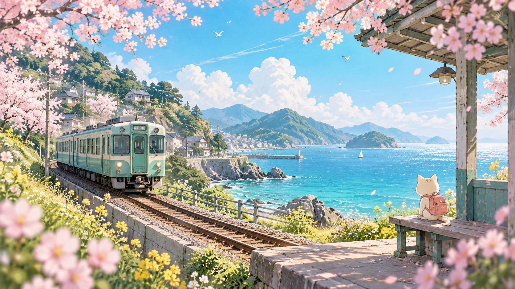 桜が咲く海辺の駅とミント色の電車、小さな猫のオリジナルアニメイラスト